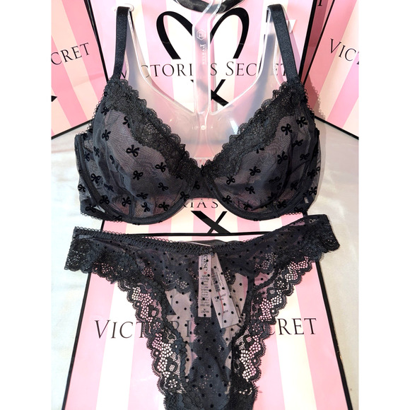 Victoria's Secret Other - Victoria's Secret Bra Unlined Tease 36DD Black Bow Lace Medium Tanga